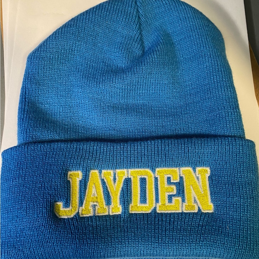 NWT Yupoong Winter Cuffed Beanie - 1501KC, Custom Embroidered Jayden /Bl…
